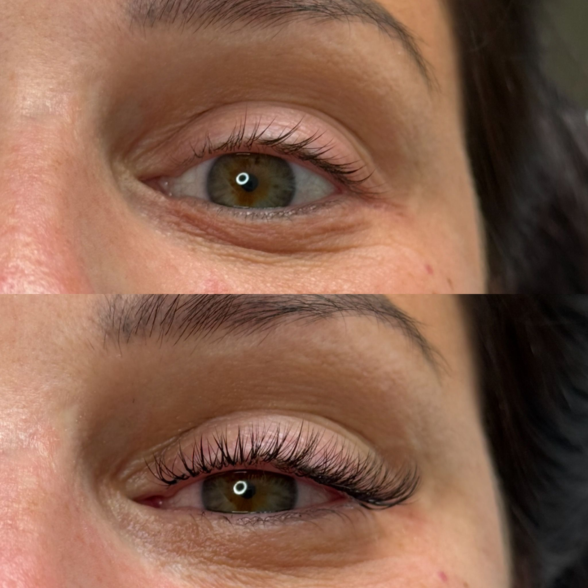 Natural hybrid lash extensions before and after — subtle volume on brown eyes